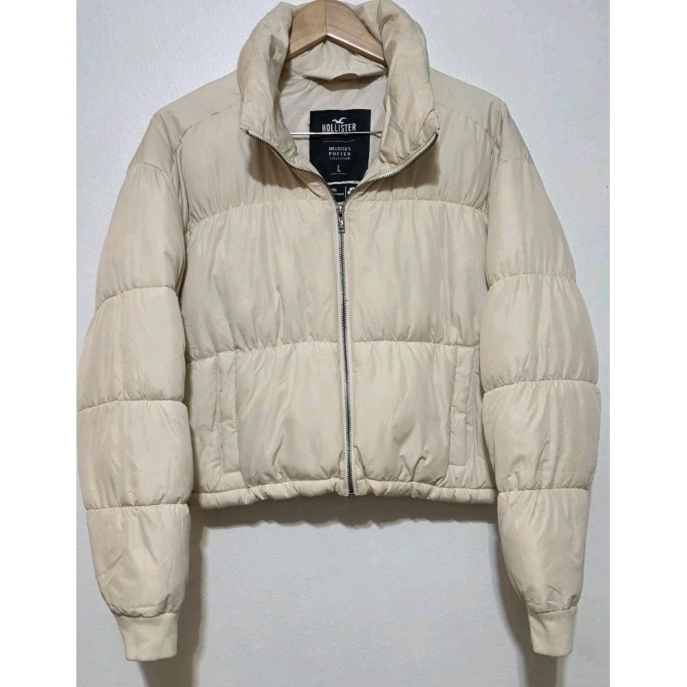 HOLLISTER Tan Cropped Ultimate Puffer Jacket Zip Up Adjustable Hoodie Woman Lrg